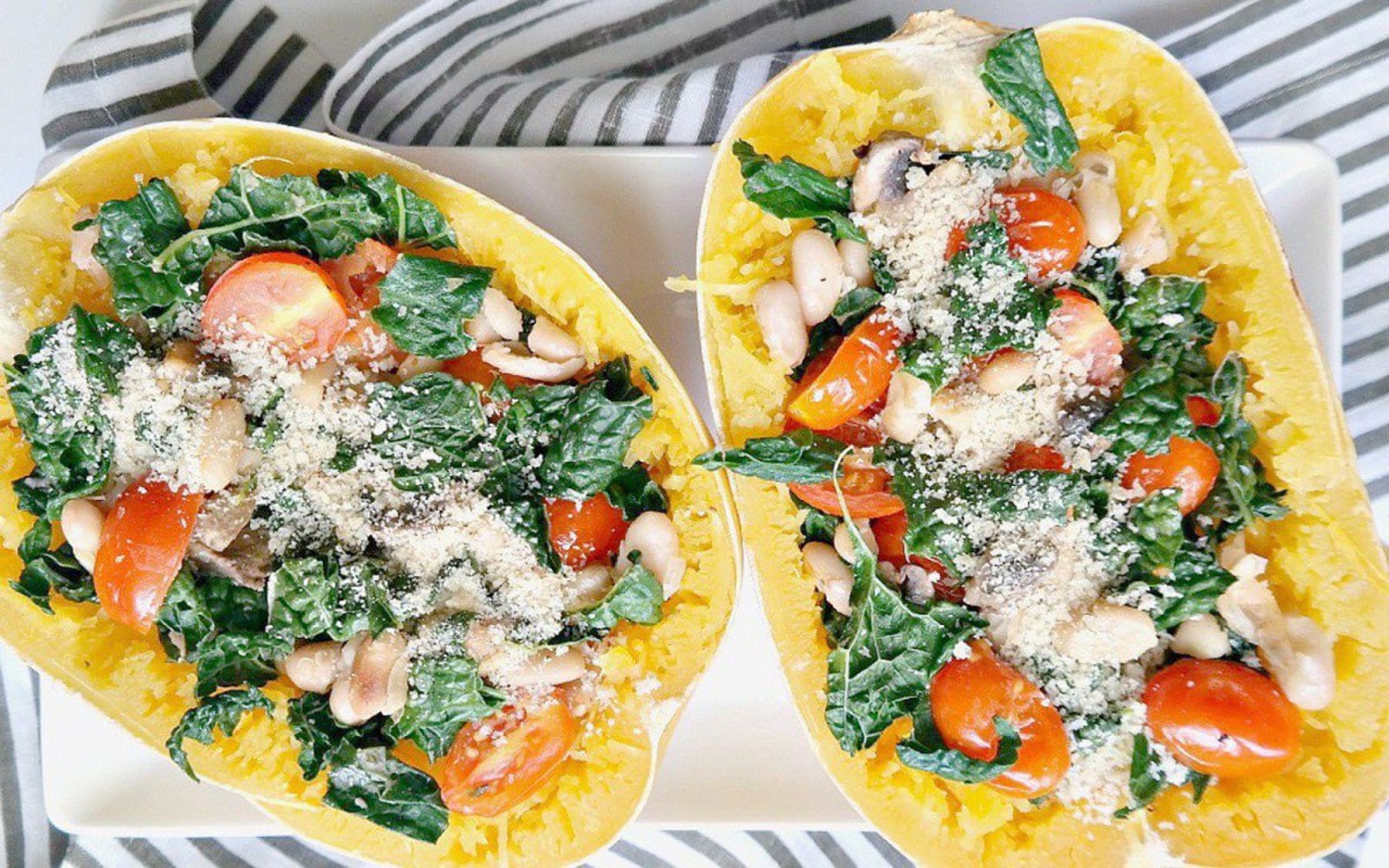 tuscan kale and mushroom stuffed spaghetti squash