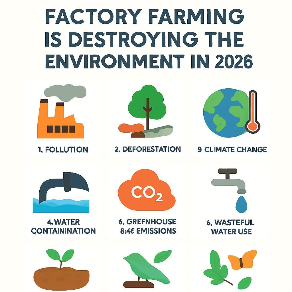 factory farming environmental impact 2026 greenhouse gas emissions water pollution deforestation animal agriculture.