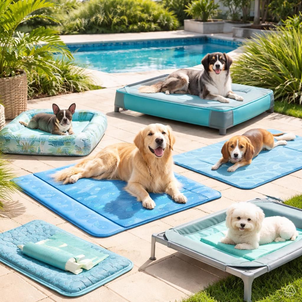 dog resting on an elevated mesh cooling cot with airflow underneath on a hot day