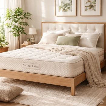 GOLS-certified organic natural latex mattress on a bed frame in a non-toxic bedroom in 2026
