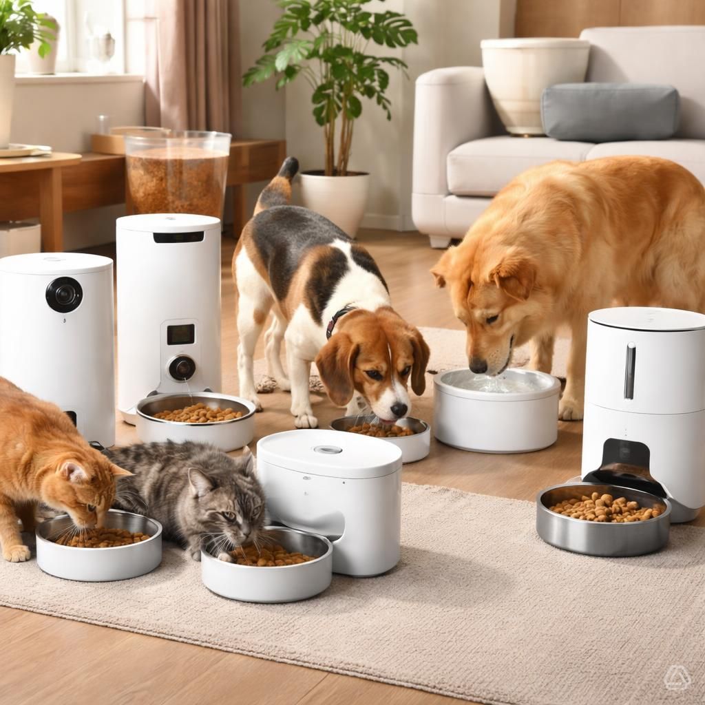 Automatic pet feeder dispensing a measured portion into a stainless steel bowl, 2026