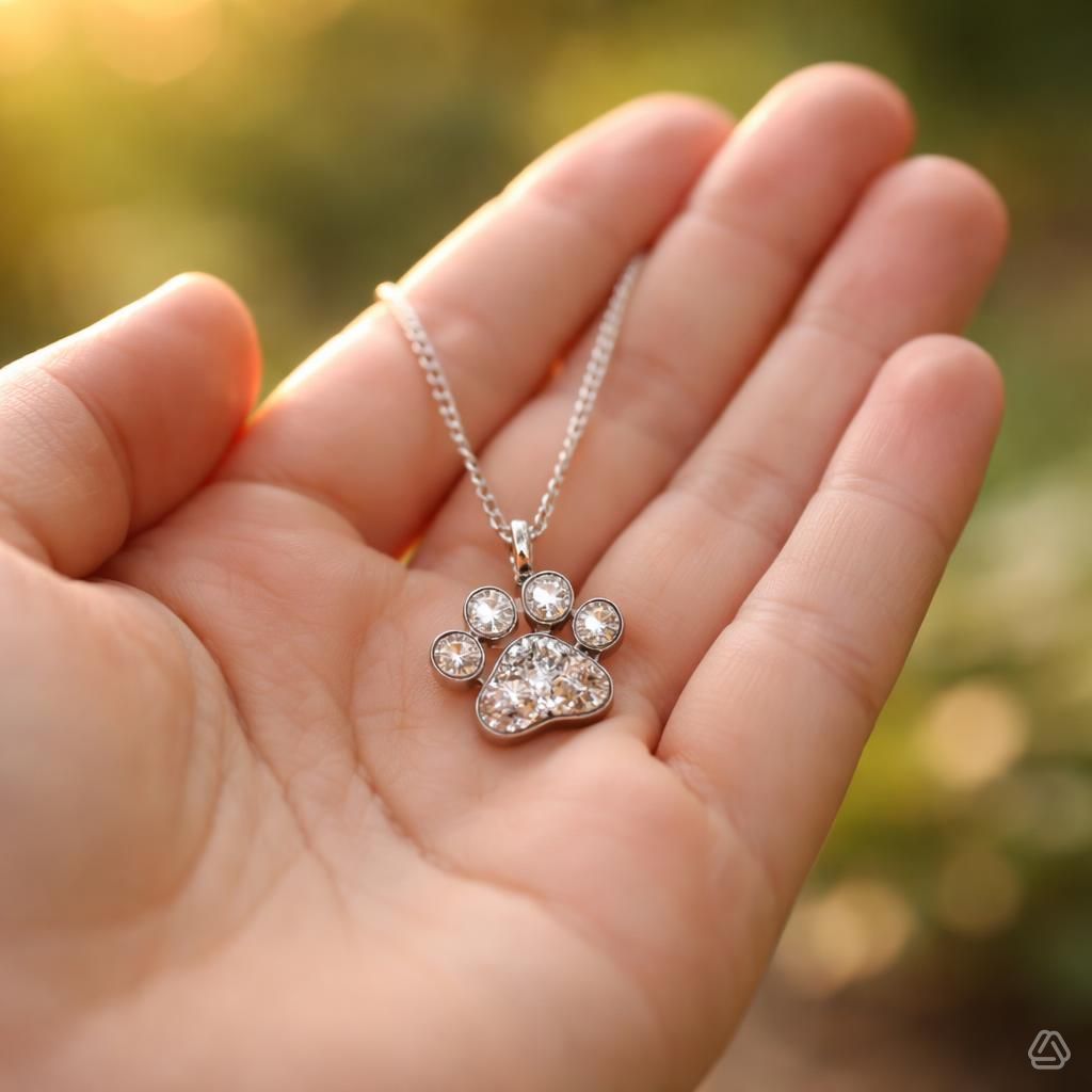 Sterling silver paw-print pet memorial necklace holding ashes keepsake