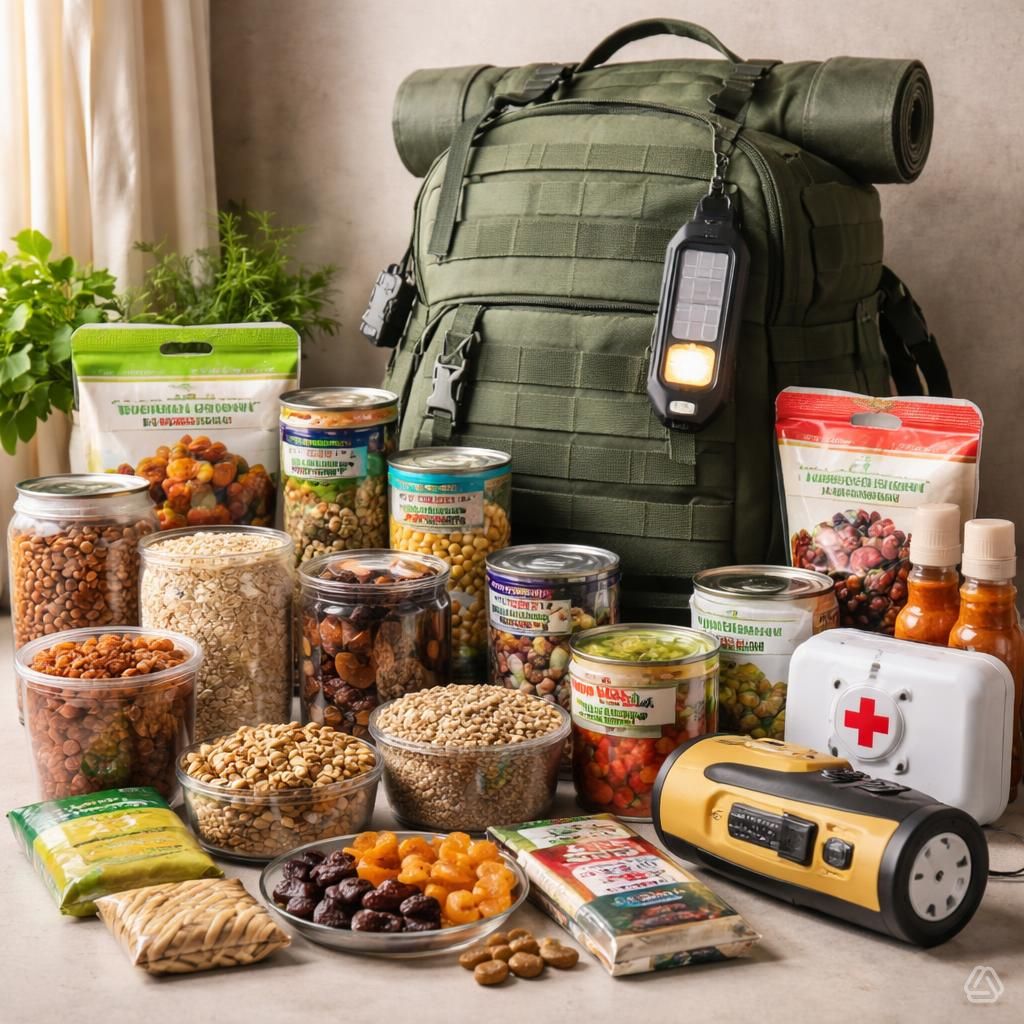 Vegan emergency prep kit with water filter, food rations, crank radio and solar charger 2026