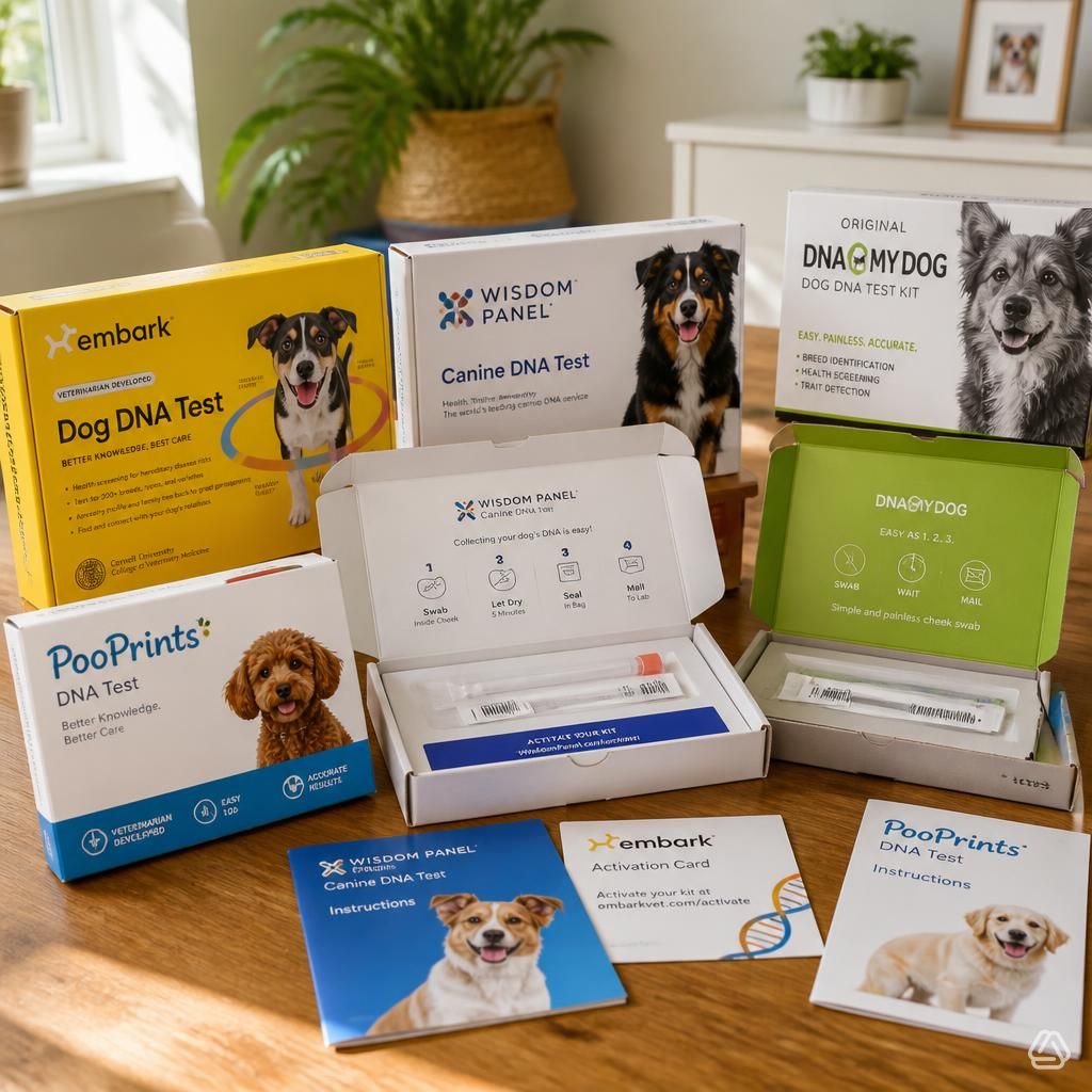dog owner taking a cheek swab DNA sample from a calm mixed-breed rescue dog at home
