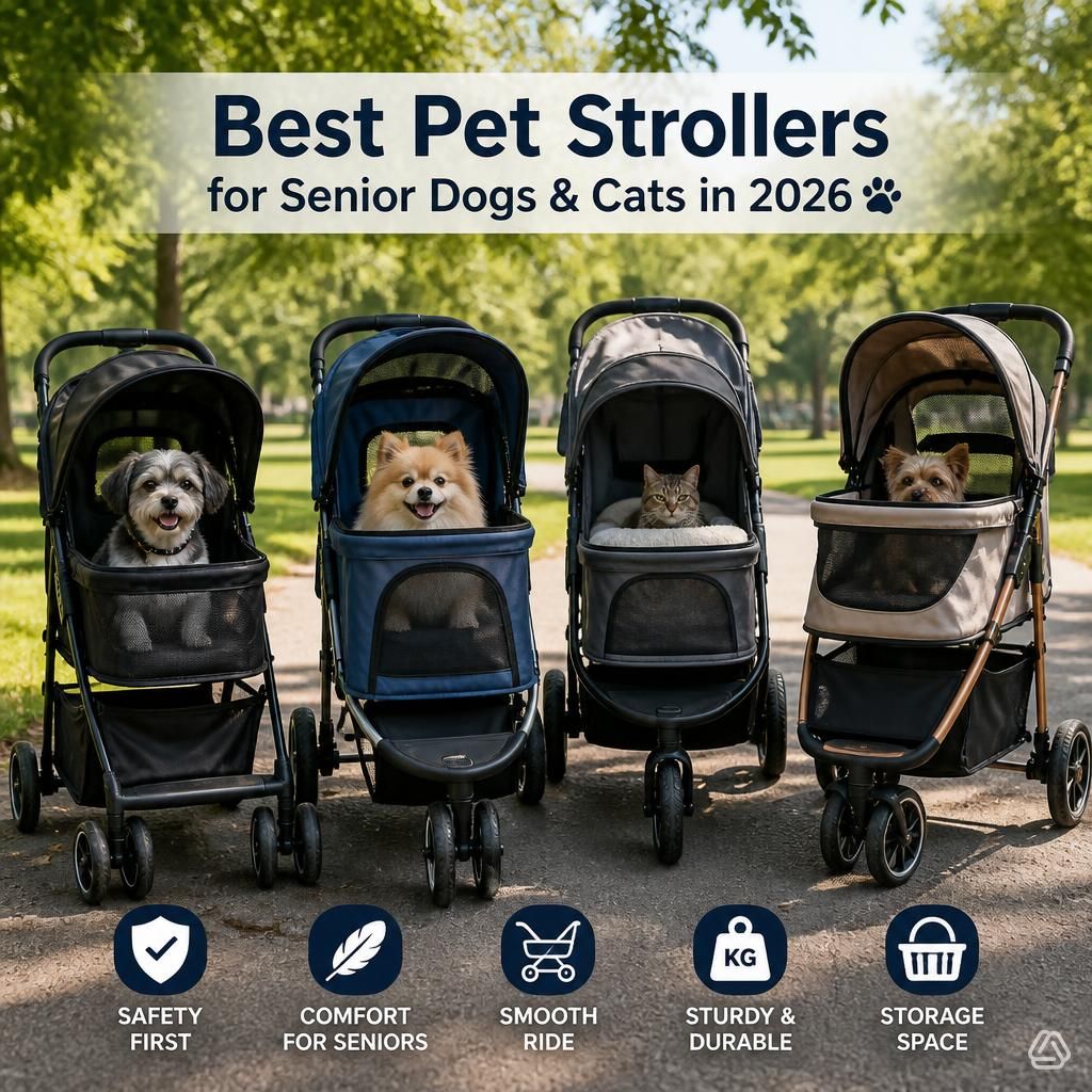 senior dog resting comfortably inside a four-wheel pet stroller on a park path