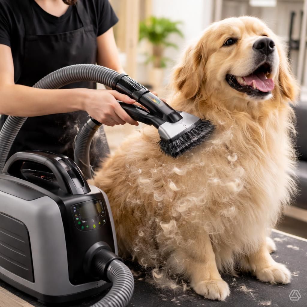 person using a quiet dog grooming vacuum to deshed a calm dog at home · TITLE: Best Dog Grooming Vacuums for At-Home Grooming