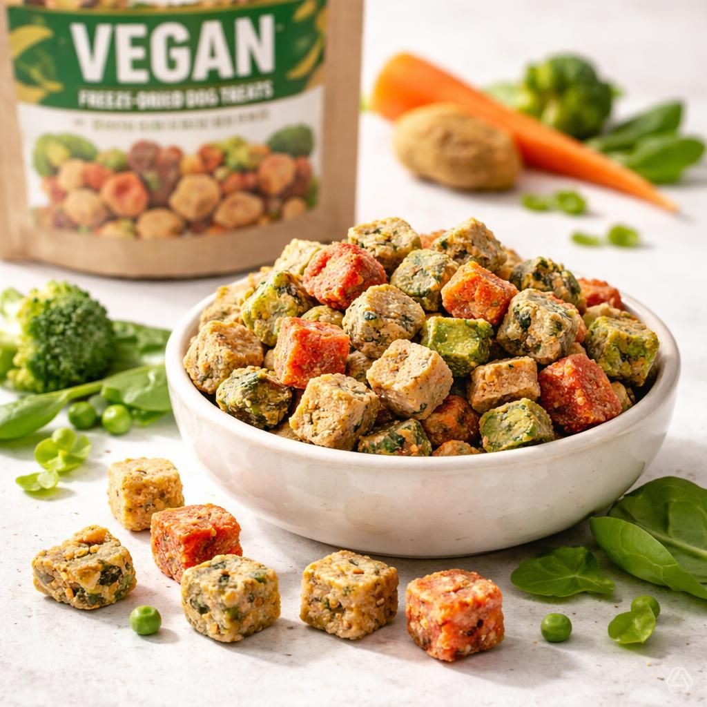 single-ingredient freeze-dried pumpkin and sweet potato vegan dog treats in a bowl ·