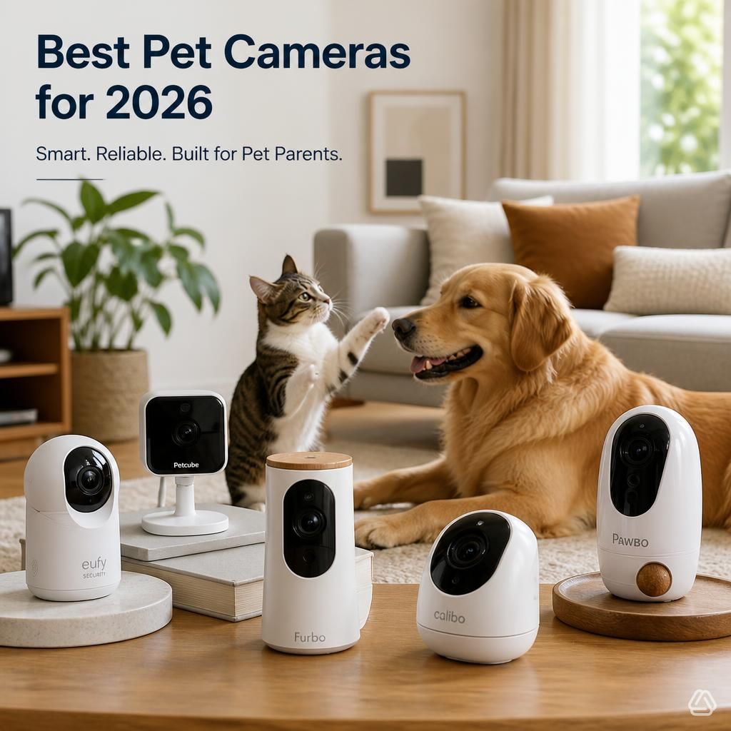 pet camera on a shelf monitoring a dog resting on a living room rug