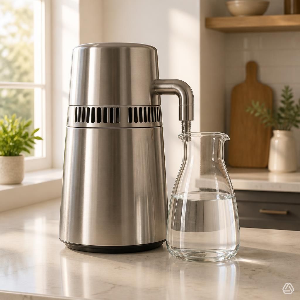 stainless steel countertop water distiller with glass collection carafe on a kitchen worktop