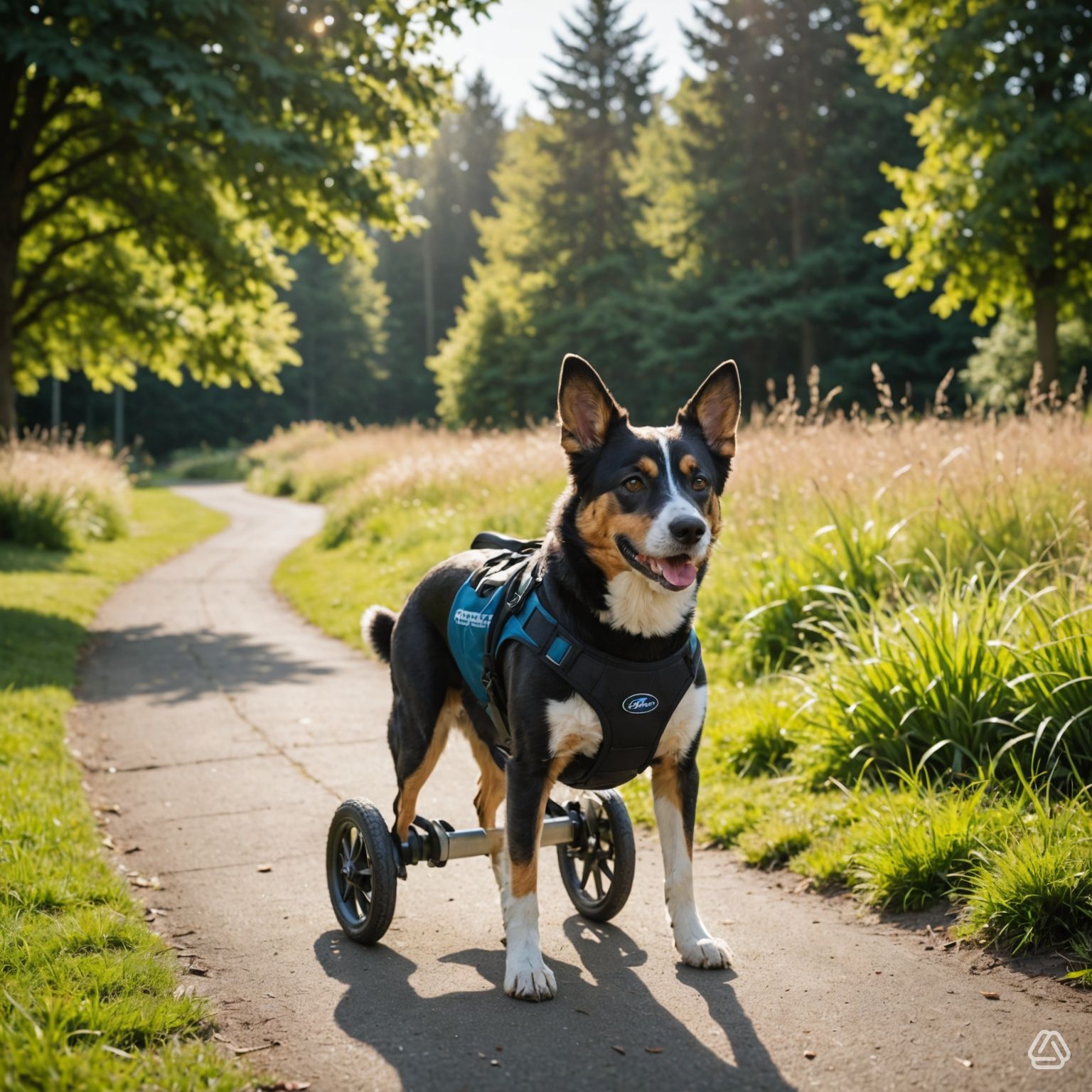 senior dog in a rear support wheelchair walking on a grass path