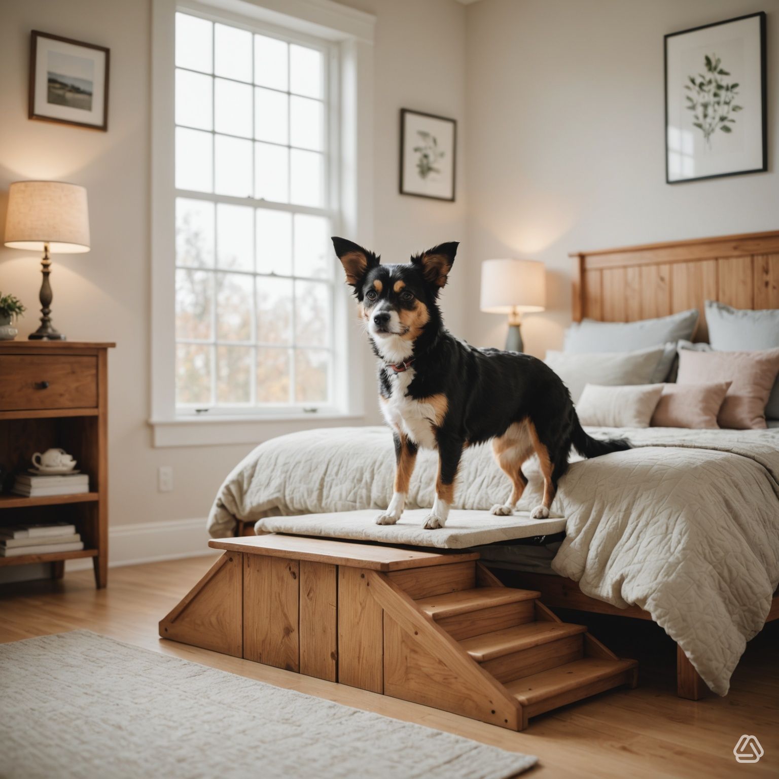 small senior dog walking up a wooden ramp onto a bed