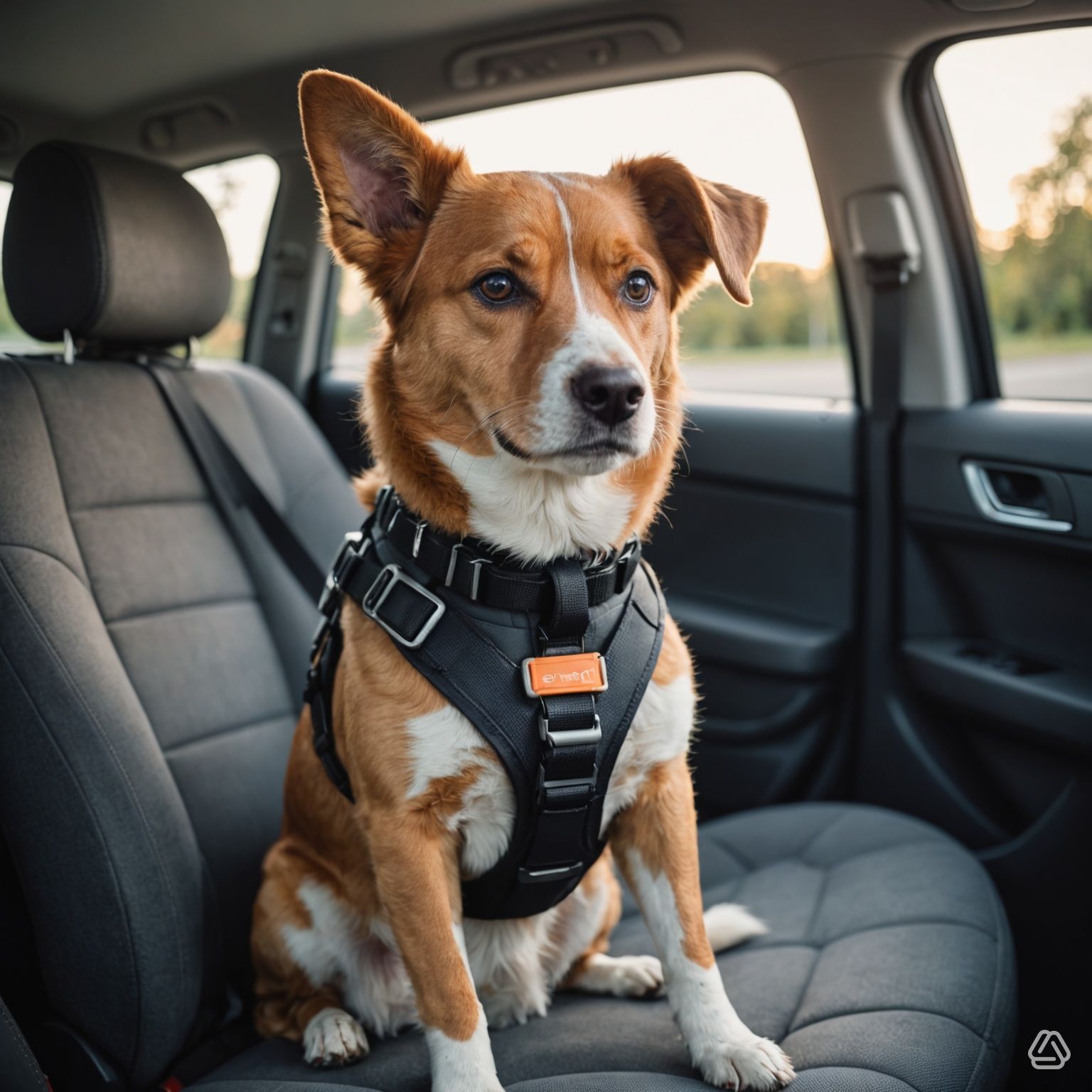 dog wearing a padded safety harness secured on a car back seat
